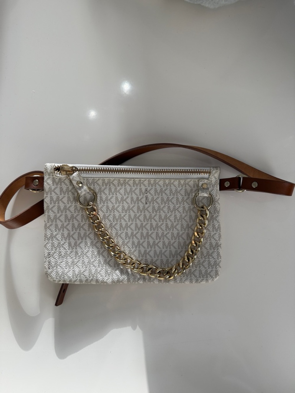 Michael Kors White Logo Crossbody with Gold Chain and Brown Leather Strap